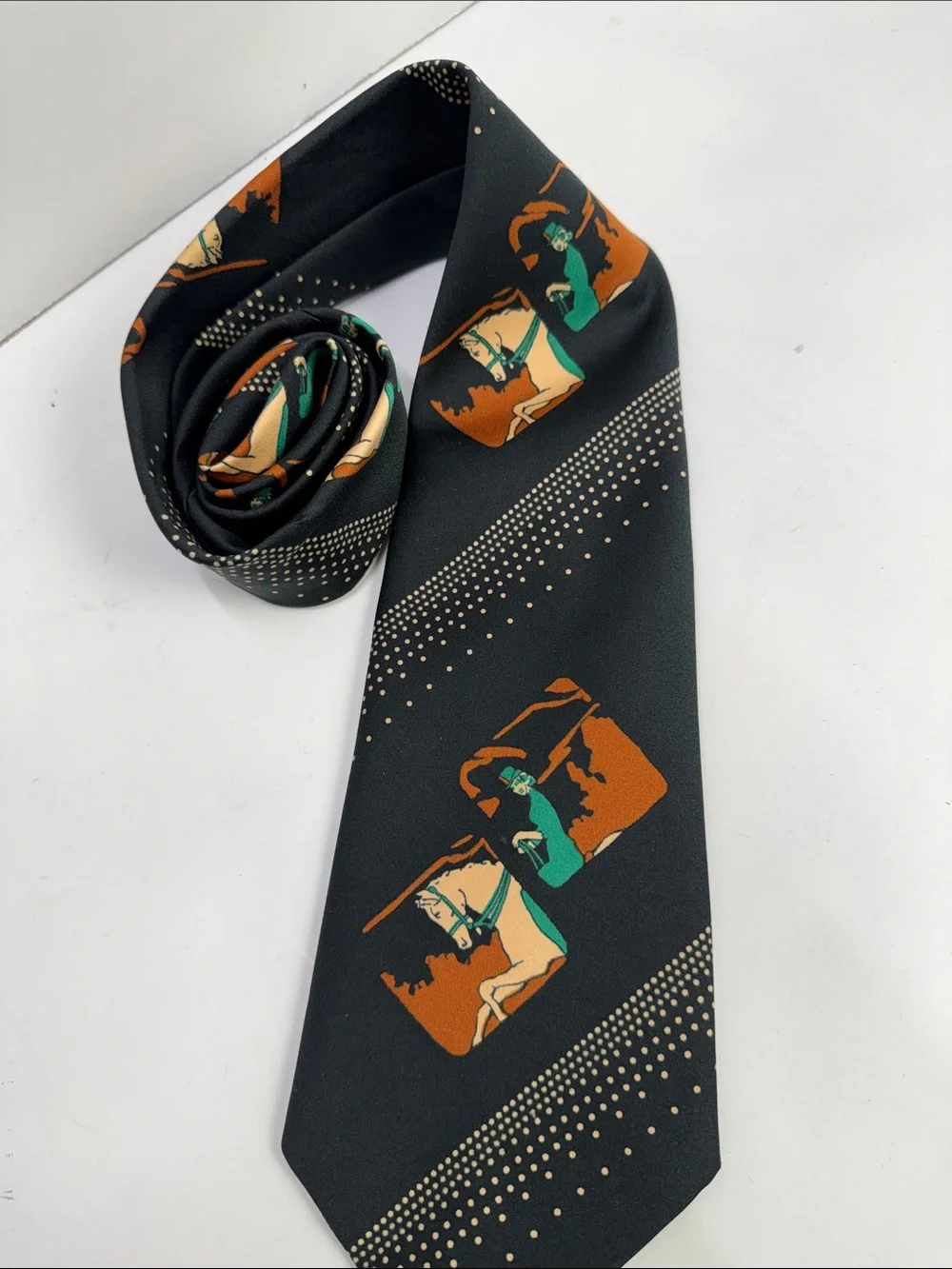 Hardy Amies Men's Black vintage Equestrian Print Tie Made in London England